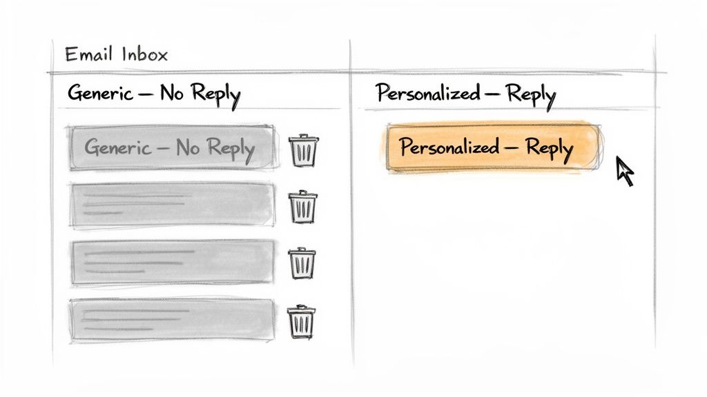 Sketch illustrating an email inbox comparing generic, deleted emails to a highlighted personalized email for reply.