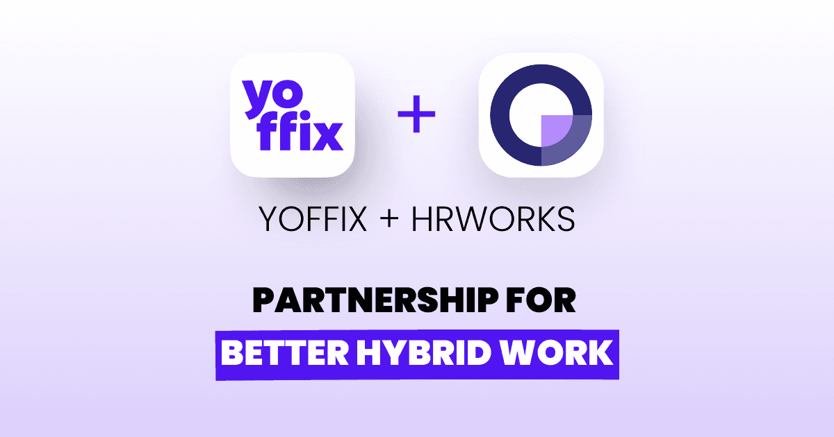 Logos von Yoffix und HRworks auf violettem Hintergrund mit eingeblendetem Text: Yoffix + HRworks Partnerschaft für besseres Hybrides Arbeiten