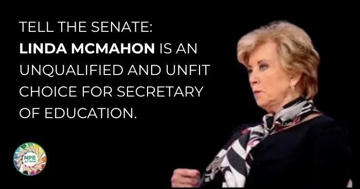 text on the left image on the right of linda mcmahon. It is against a black background