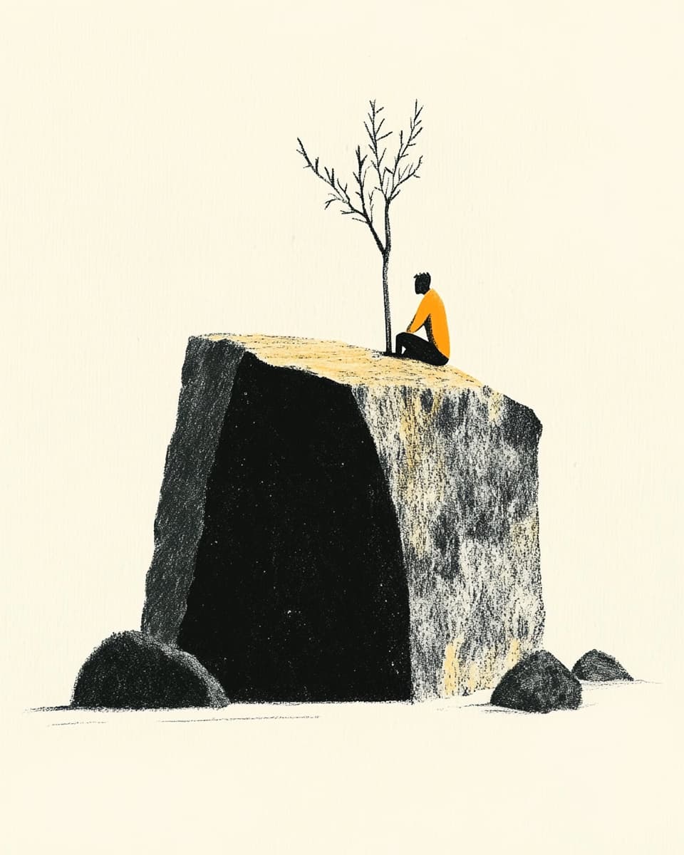 Person sitzt auf Felsen unter Baum. Ruhe, Natur, Meditation, Zeichnung.