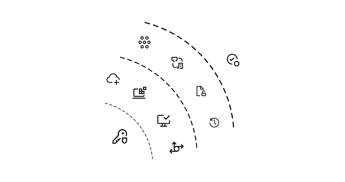 Graphic with curved lines connecting icons that represent file synchronization, product data management (PDM), data security, and CAD collaboration. This visualization highlights the integration of Product Data Management and CAD review tools in CAD Rooms, showcasing secure data management and efficient workflows.