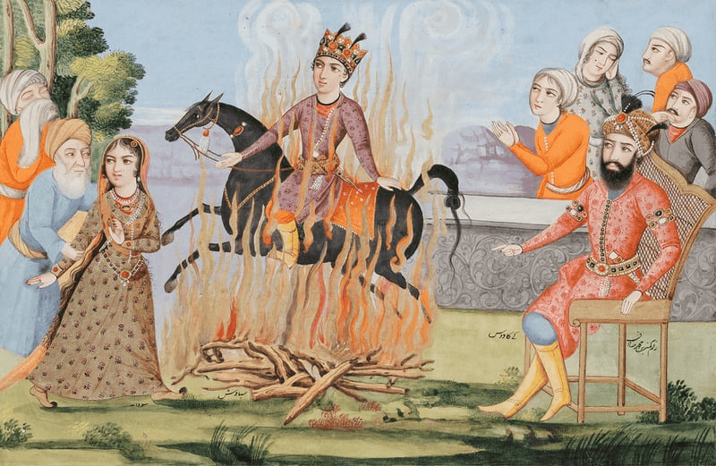 A group of figures in historical attire, some on horseback, in a vibrant outdoor setting with a serene background.