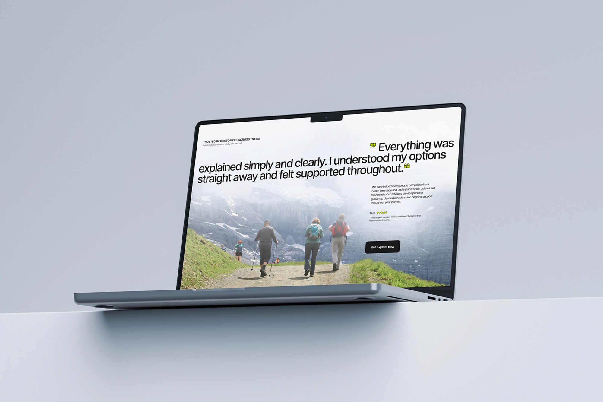 Laptop mockup showing health insurance website homepage with clear messaging and structure