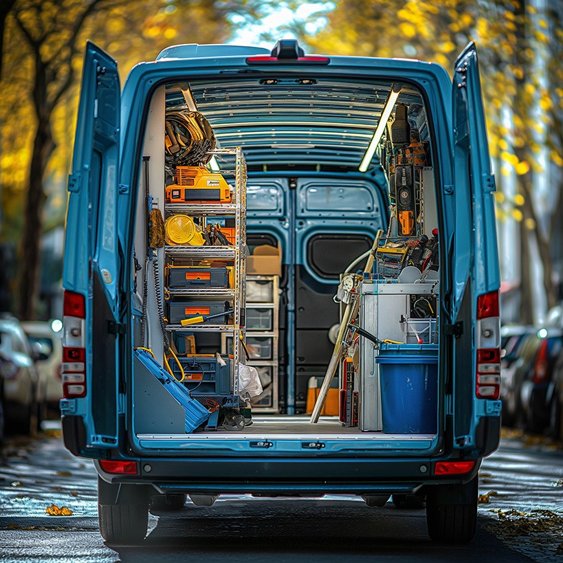 Blauwe werkbus welke aan de achterkant openstaat waardoor je allerlei gereedschap ziet