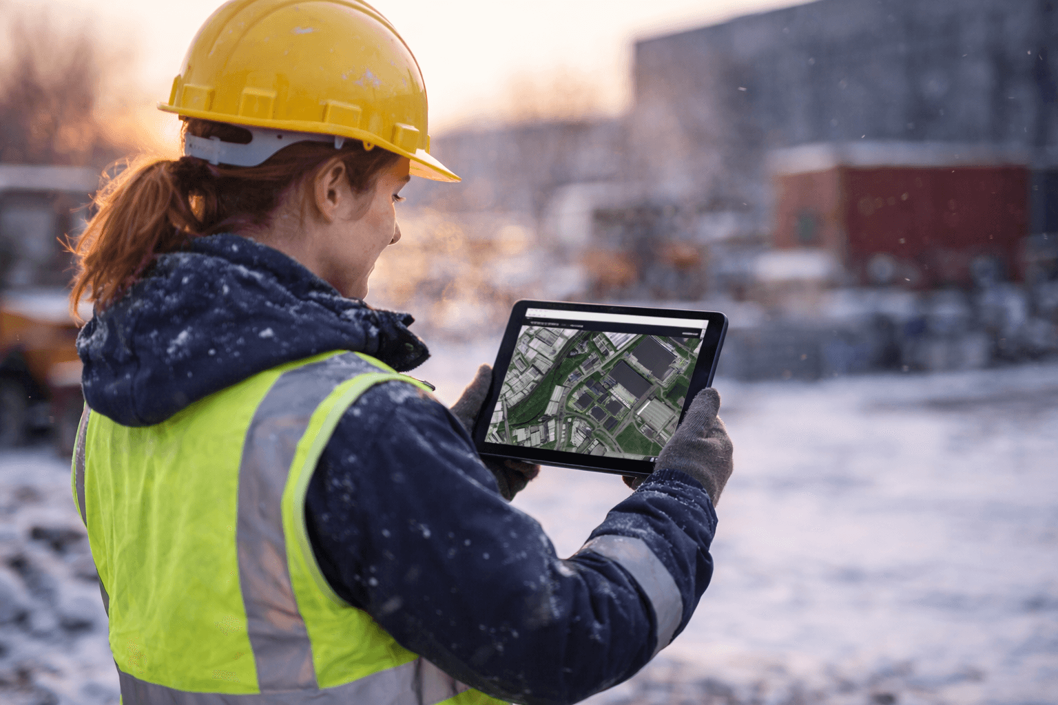 two people looking at a tablet and smiling