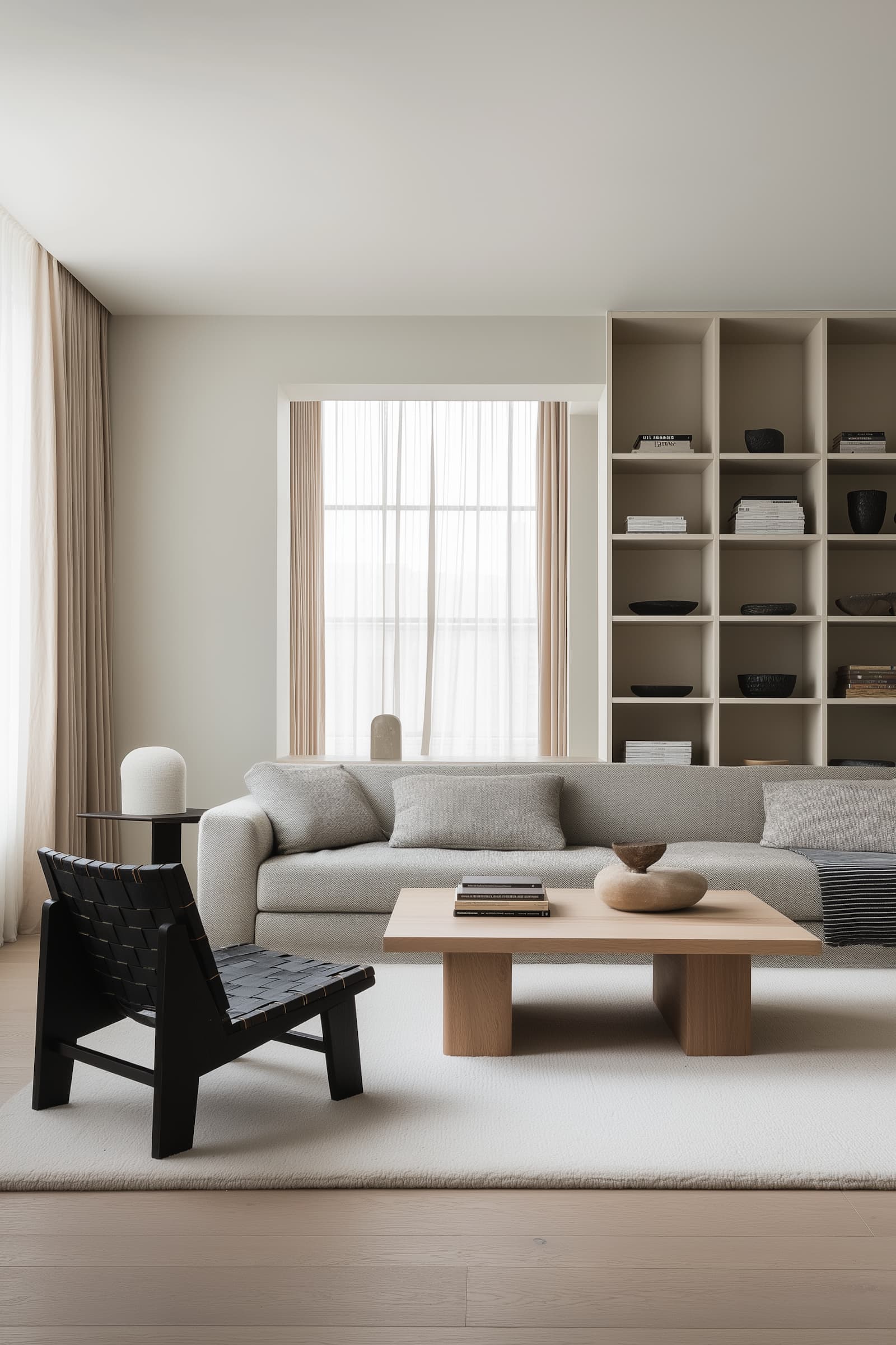 A modern, minimalist living room features a large grey sectional sofa, light wood coffee table, black woven chair, and a backdrop of floor-to-ceiling shelves filled with decorative objects, all softly illuminated by natural light through sheer curtains.