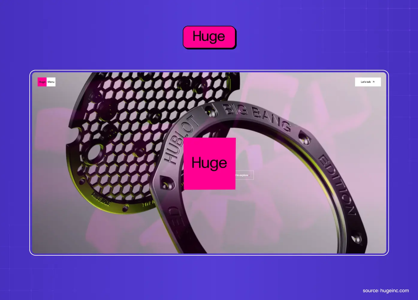 Homepage of Huge showcasing a visually expressive design with bold branding, motion-inspired graphics, and creative storytelling.