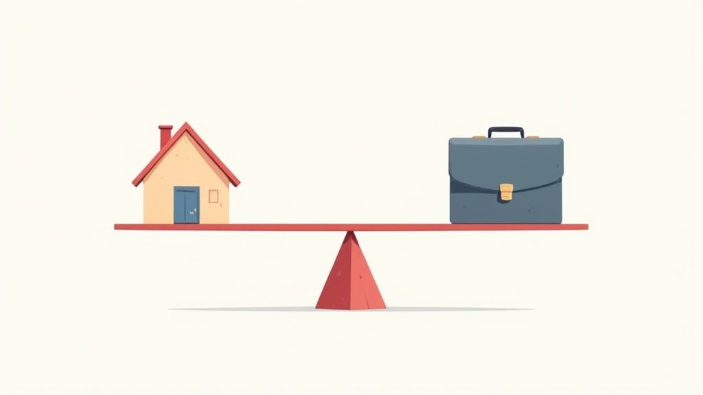 House and briefcase balanced on scale representing work life balance concept