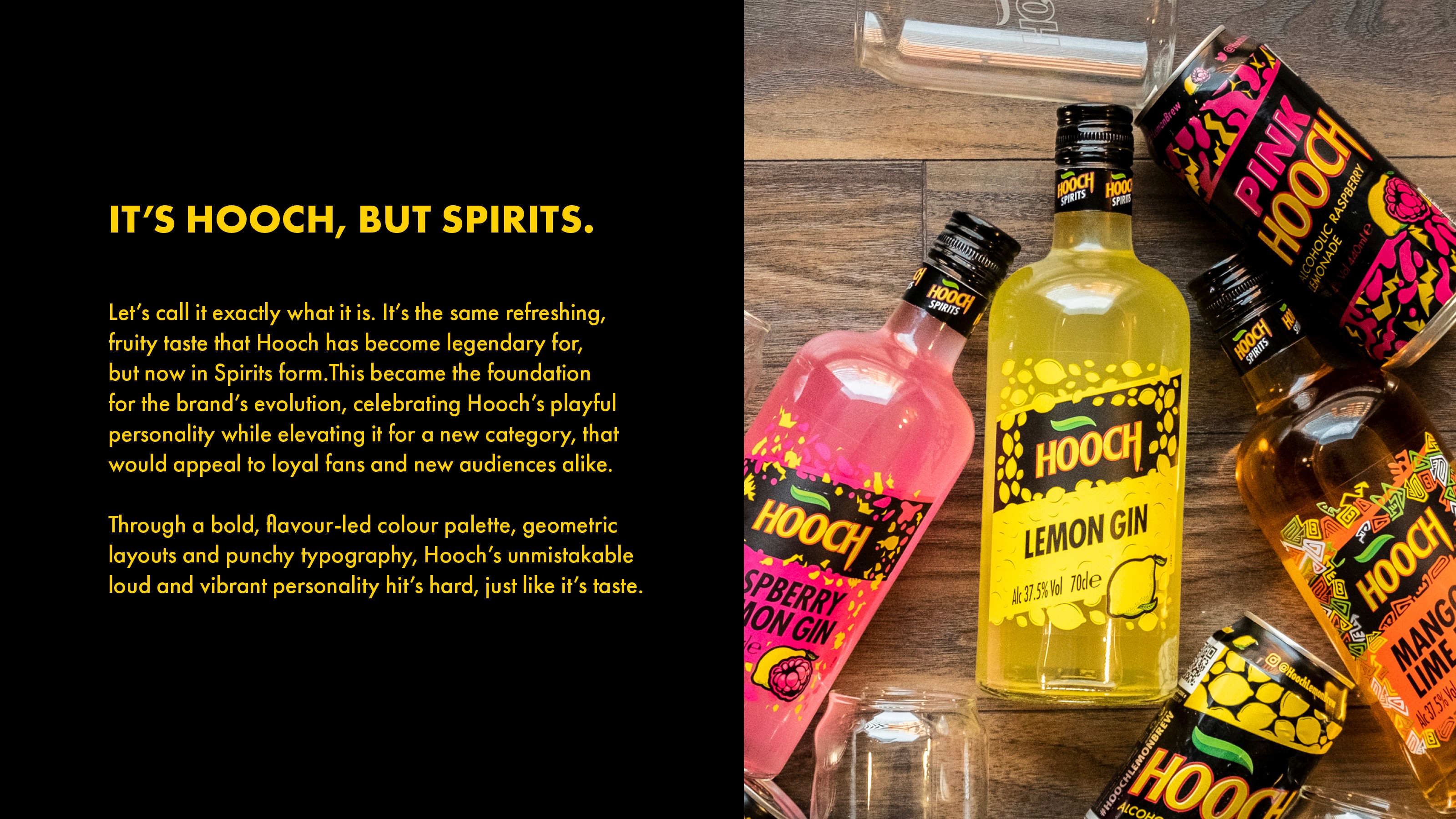 Range of Hooch Spirits flavoured vodka cans arranged in studio setting with vibrant colour backgrounds.
