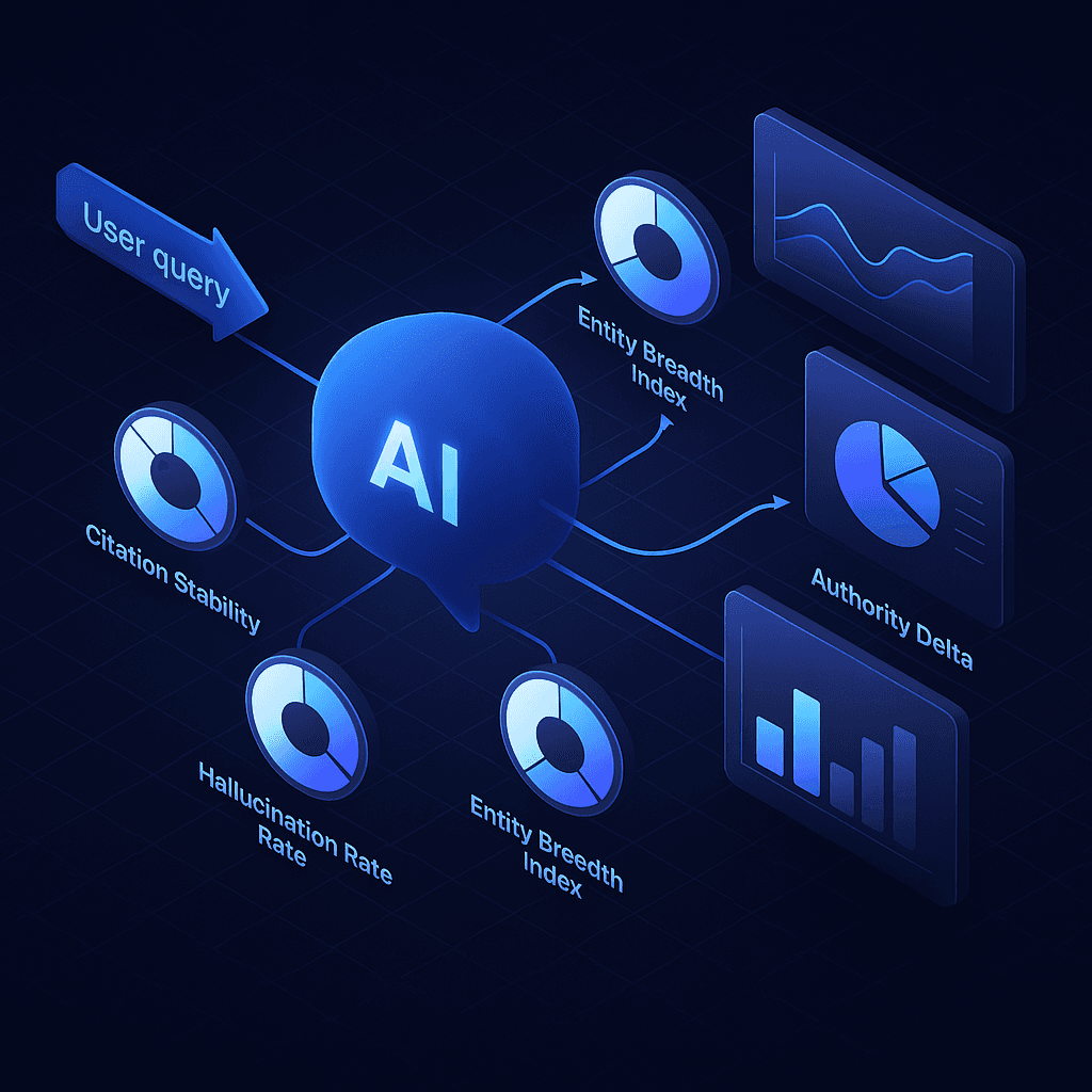 Isometric diagram of AI query flowing to gauges measuring citation stability, hallucination, breadth, and authority