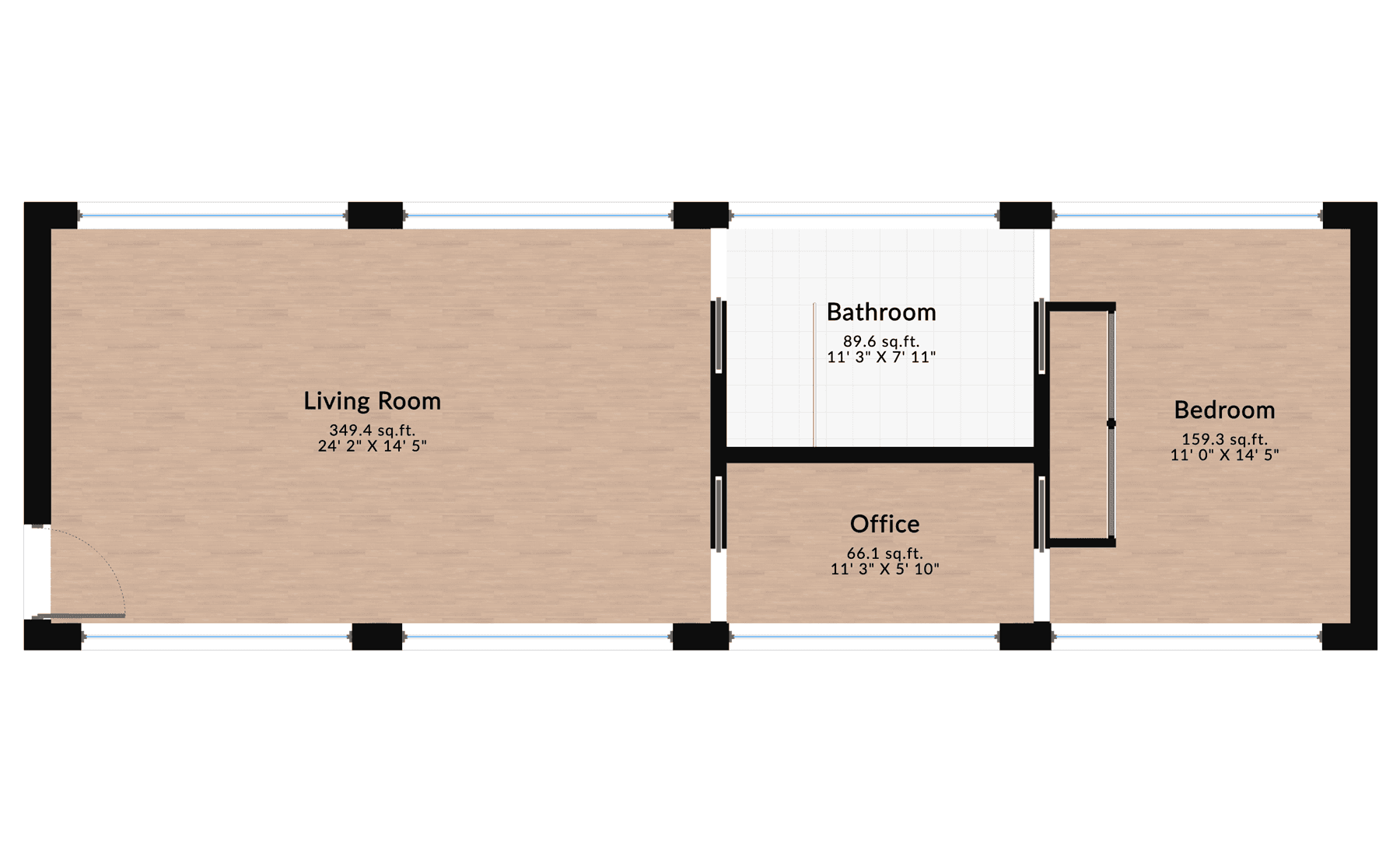 One-bedroom apartment floor plan featuring a living room, bedroom, office, bathroom, and functional layout for small spaces.