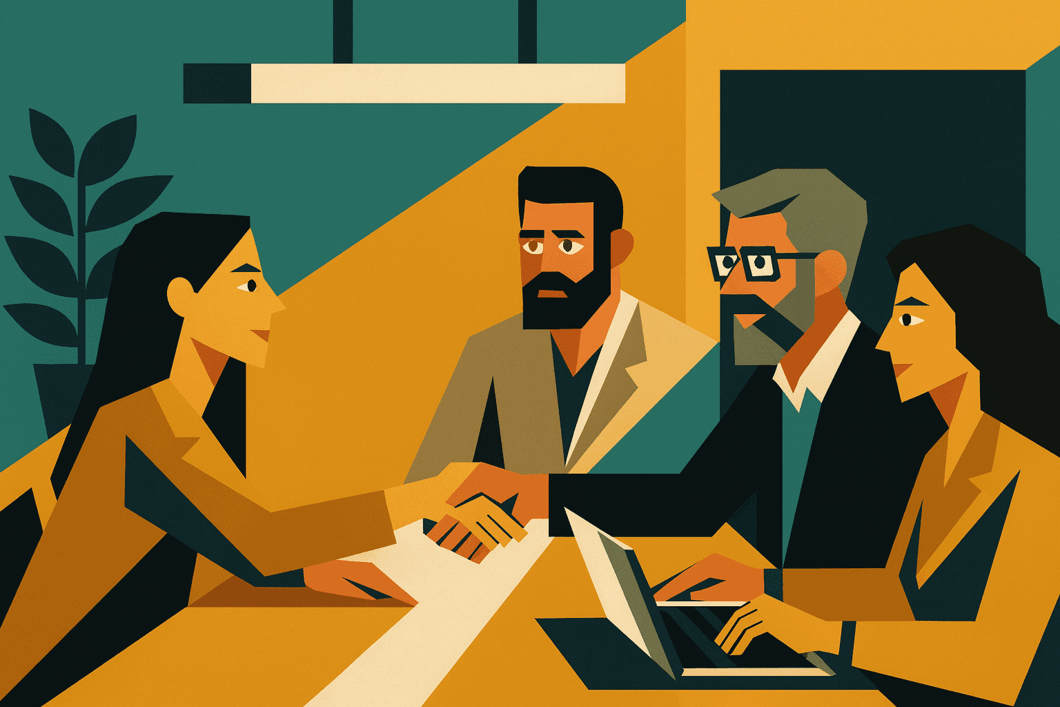 Donna stringe la mano a un uomo durante un incontro professionale in ufficio, con altre persone sedute al tavolo.