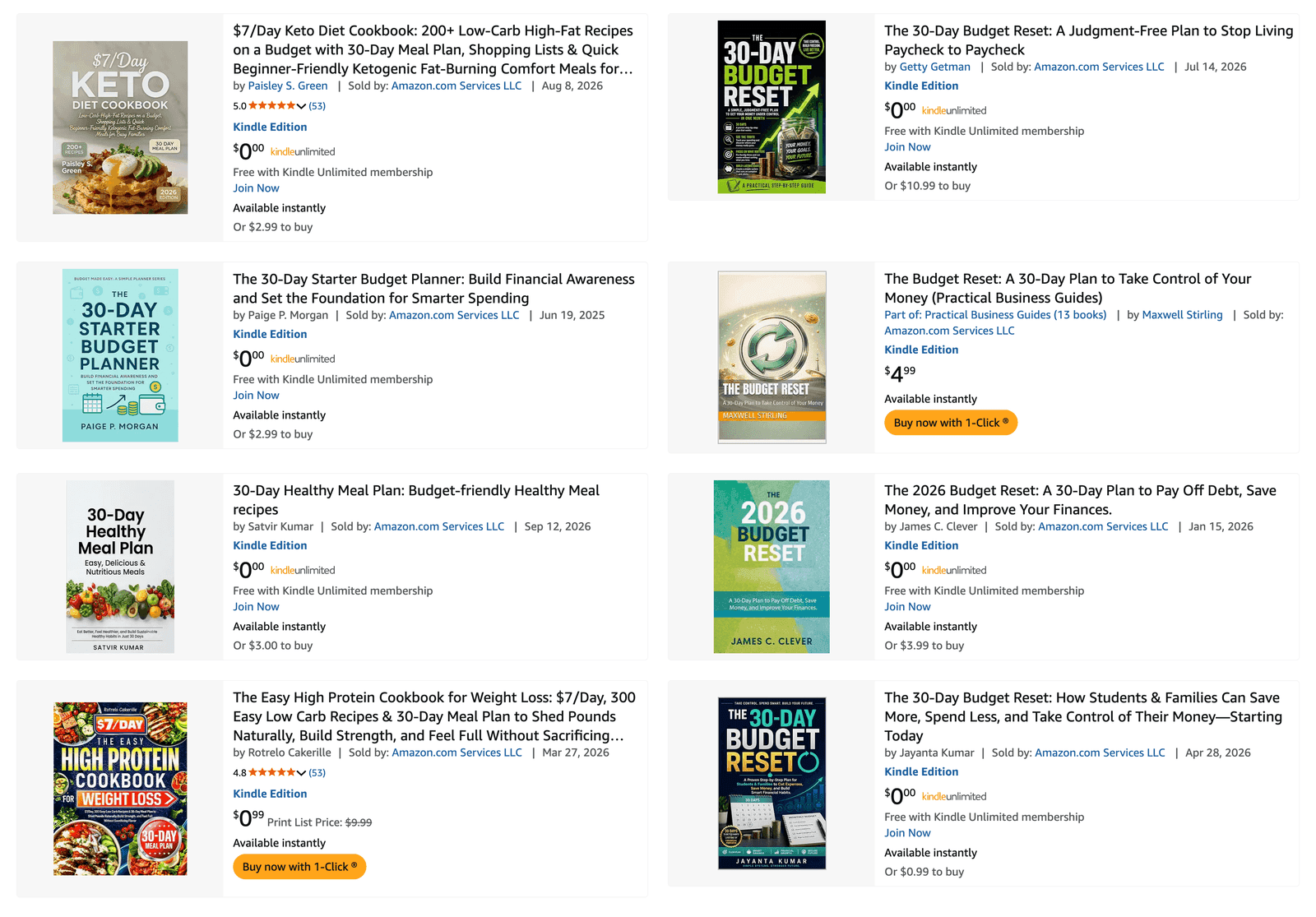 Amazon Kindle store search results for 30 day budget plan on the US store, showing each book’s price, Kindle Unlimited status and, where it has them, its rating and review count.