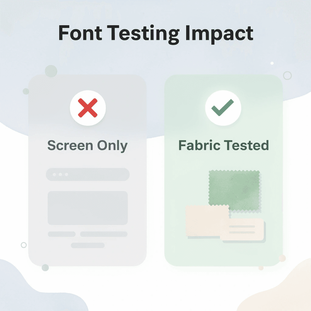 Before and after comparison showing the importance of testing fonts on actual fabric