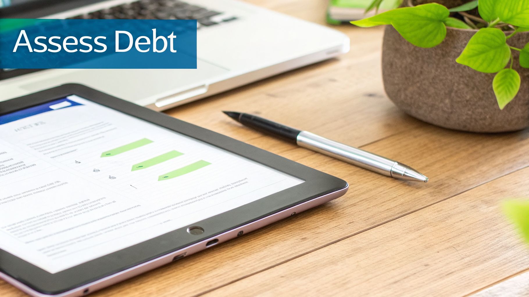 A workspace with a tablet displaying financial data, a pen, and a laptop on a wooden desk, with 'Assess Debt' text.