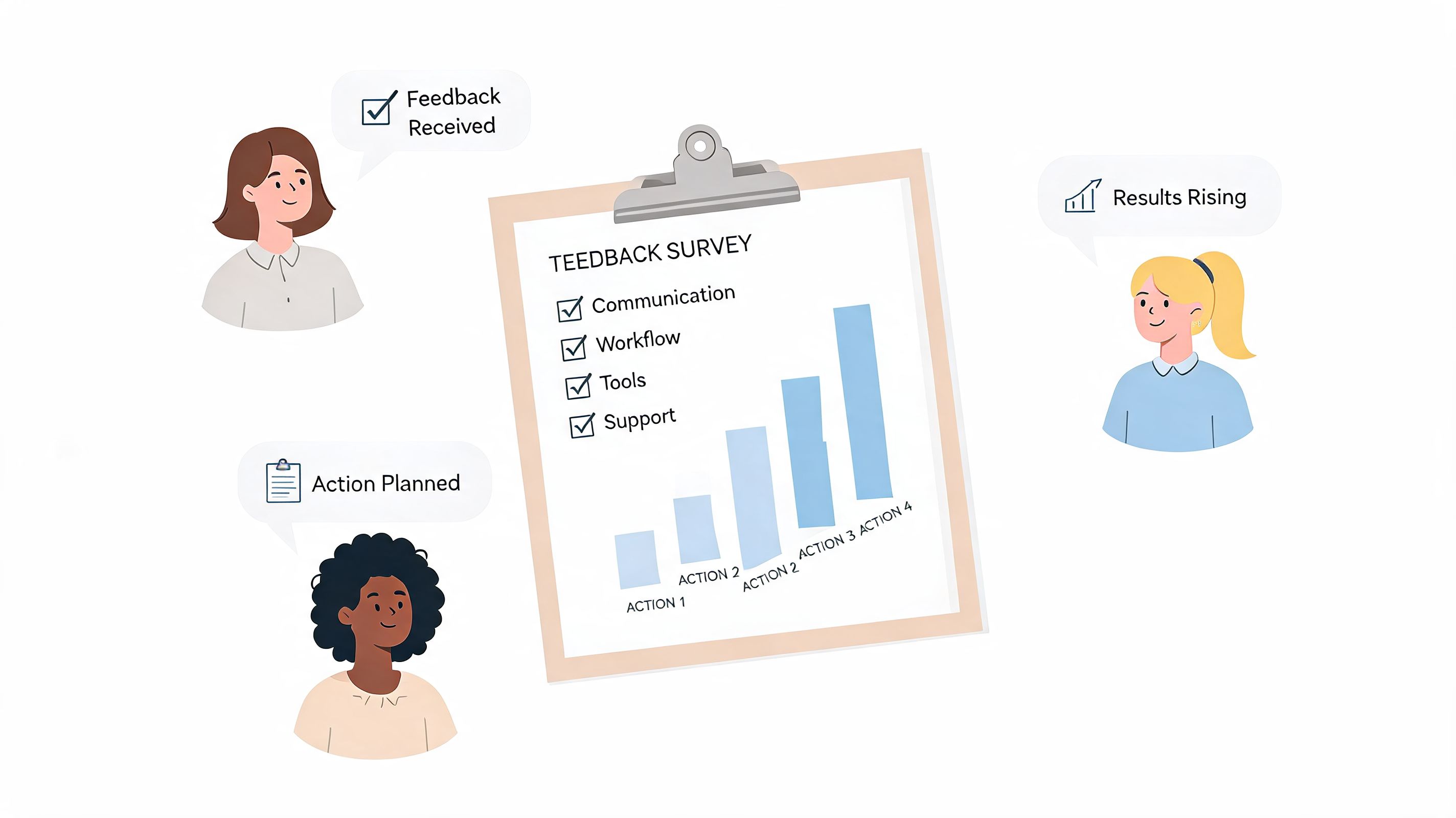 Three professional women reviewing a feedback survey on a clipboard with rising performance chart results shown.