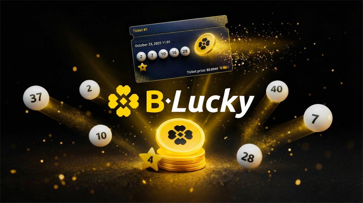 Blucky logo in the middle, with lottery balls around it and a ticket on top