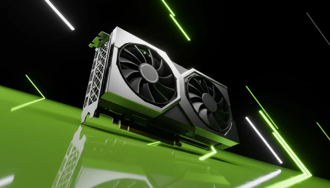 3D product render of an NVIDIA RTX 4070 Founders Edition graphics card, sleek and modern design, Blender style. The card rests at an angle on a vibrant, reflective lime green surface. Soft studio lighting creates sharp highlights on the brushed silver metal frame and matte black casing. The background is deep black with dynamic, diagonal green and white motion blur streaks conveying speed and power. Cinematic, high-contrast, sharp focus.