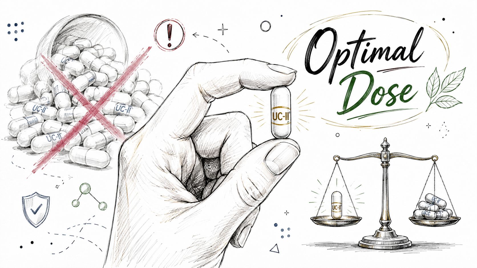 A hand holds a single UC-II capsule, illustrating the concept of an optimal dose versus excess medication.
