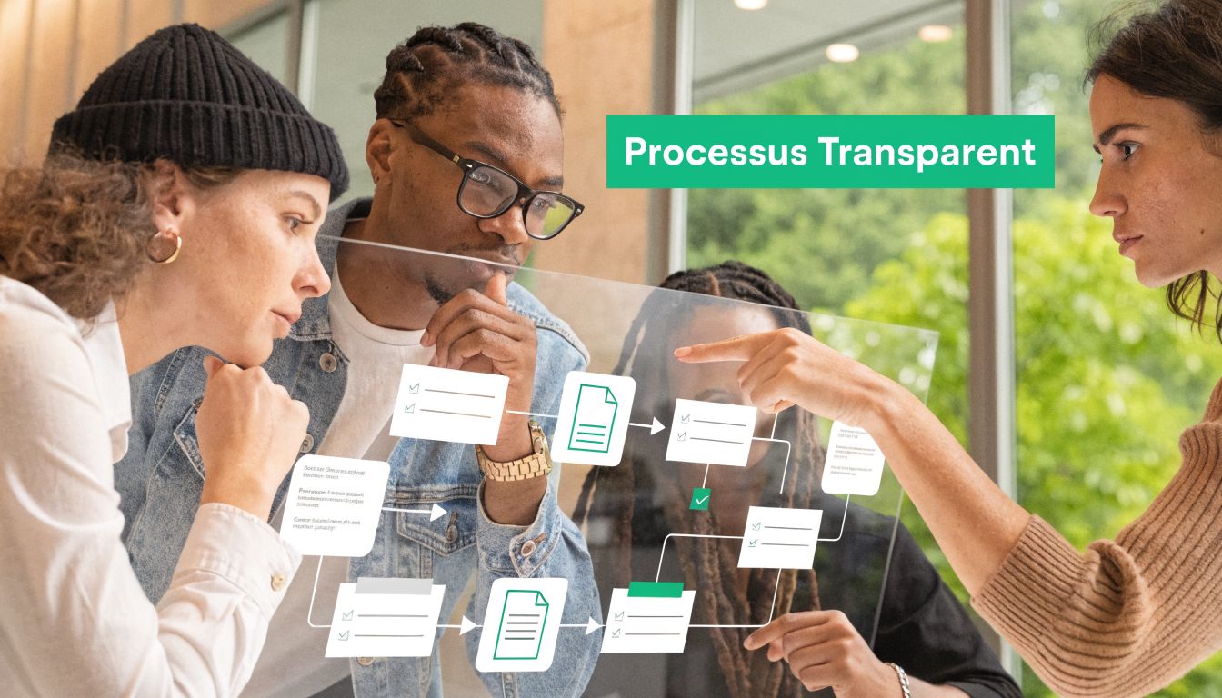 Une équipe de collaborateurs analysant ensemble des processus de travail affichés sur une vitre transparente au bureau.