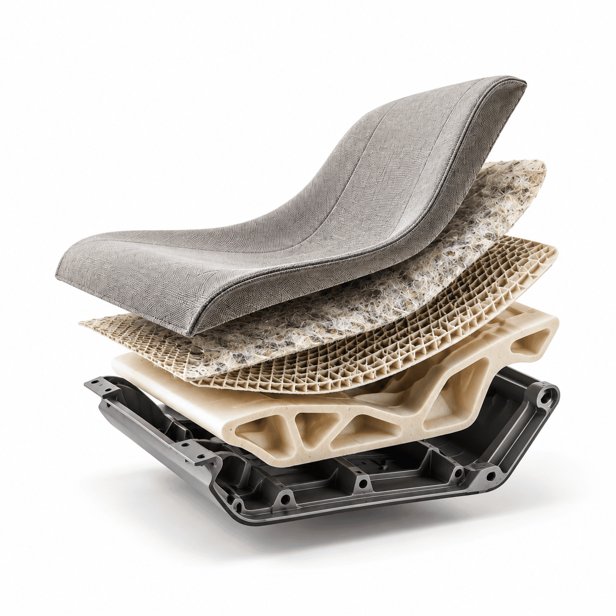 Exploded view of a vehicle seat showing separated fabric cover, fibre padding, structural mesh, foam core and support tray layers