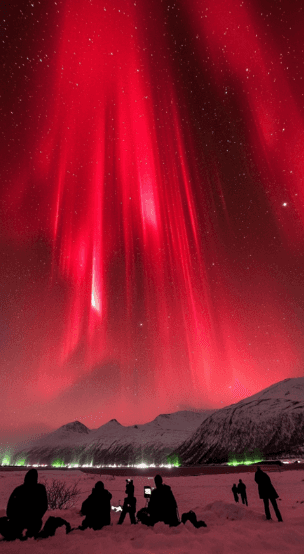 Vivid, vertical red aurora light pillars stretch high into a dark, star-filled sky