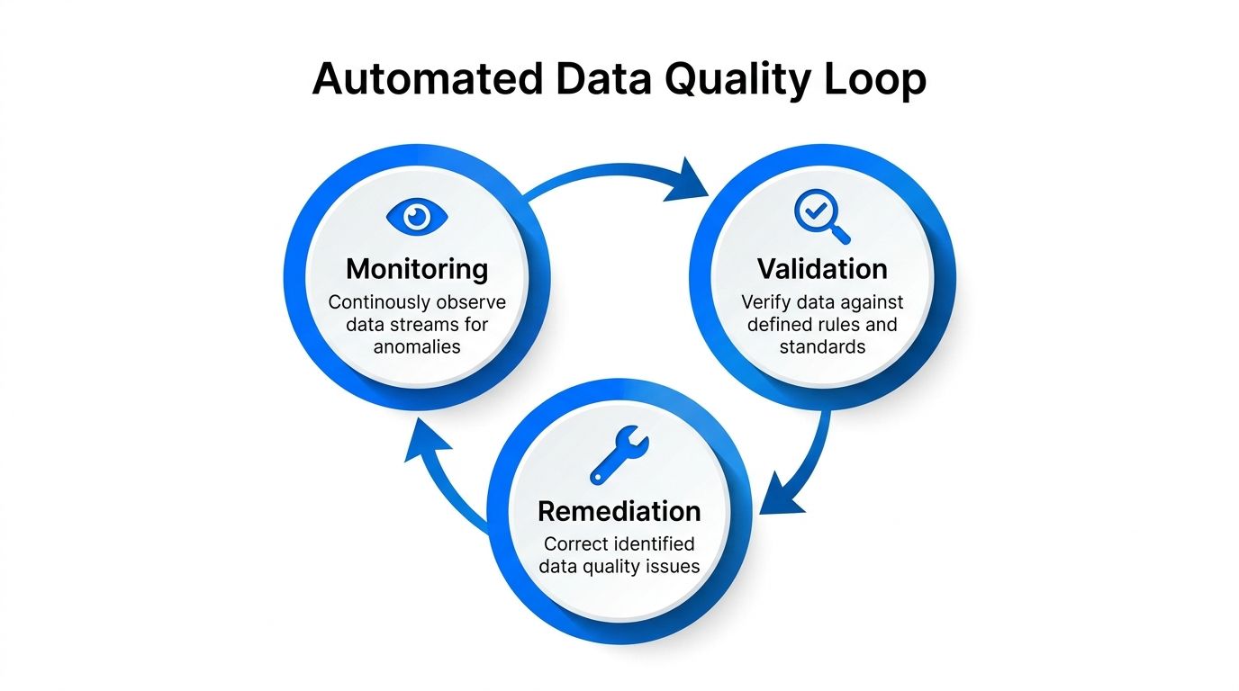 A circular diagram illustrating the three steps of an automated data quality loop: monitoring, validation, and remediation.