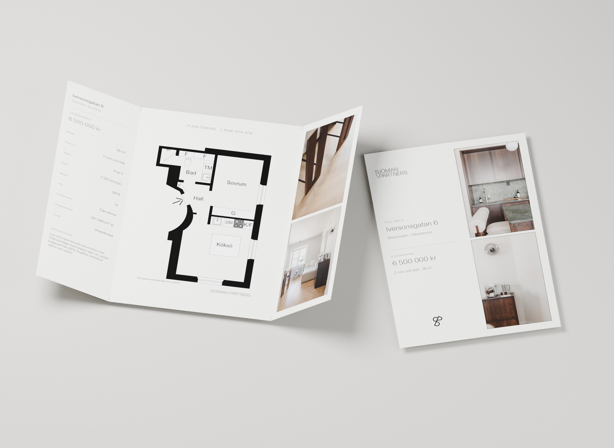 Sjöman Partners gatefold property prospect shown open and closed in a studio visualisation