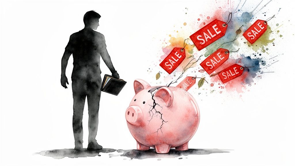 A silhouette of a man looking at a broken piggy bank with 'SALE' tags flying out.