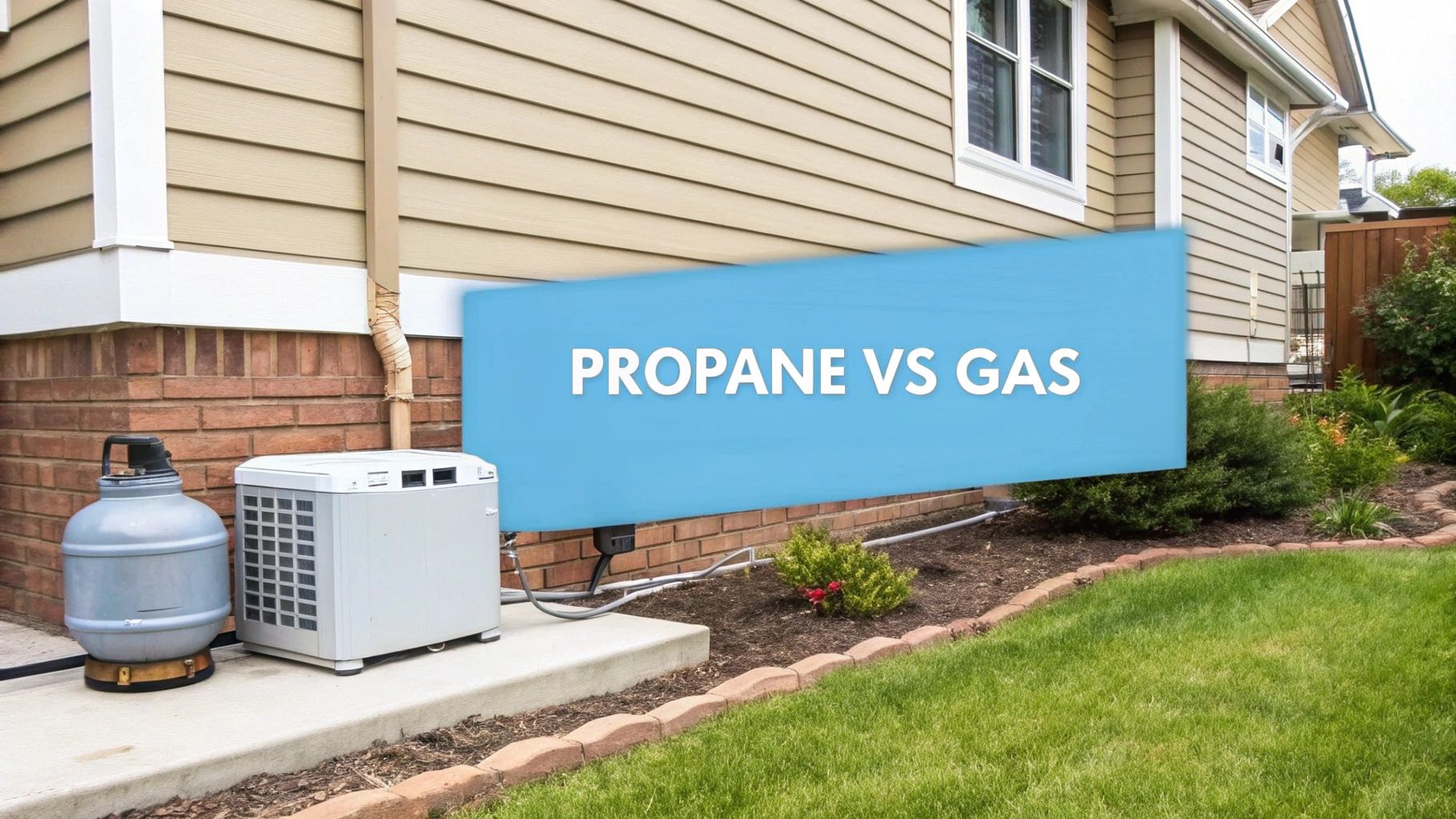 a blue wall on a side of a home displaying 'propane vs gas'