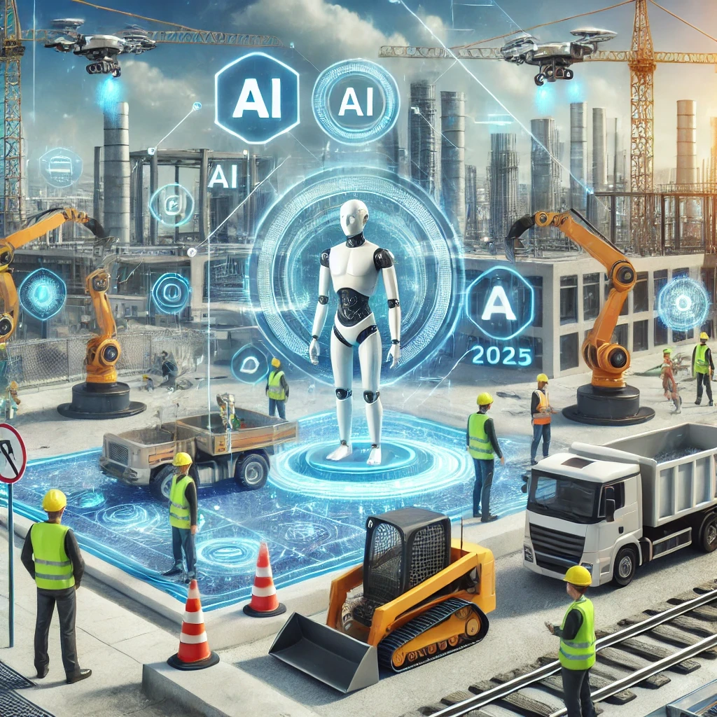 Chantier futuriste en 2025 utilisant des robots et drones assistés par l'intelligence artificielle, avec des tableaux de bord numériques et des matériaux écologiques, illustrant les tendances de l'innovation IA dans la construction