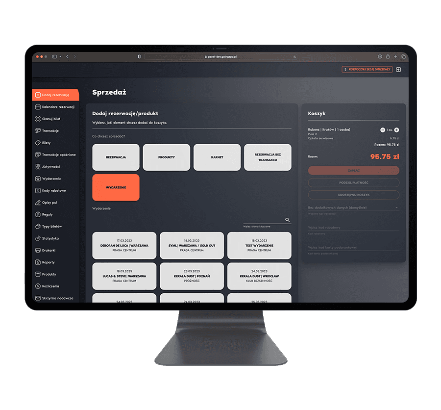 Monitor z wyświetlonym systemem sprzedaży biletów Going. Places, pokazujący interfejs użytkownika platformy SaaS dla zarządzania sprzedażą biletów przez różne kanały z opcją szybkiego i bezproblemowego wdrożenia