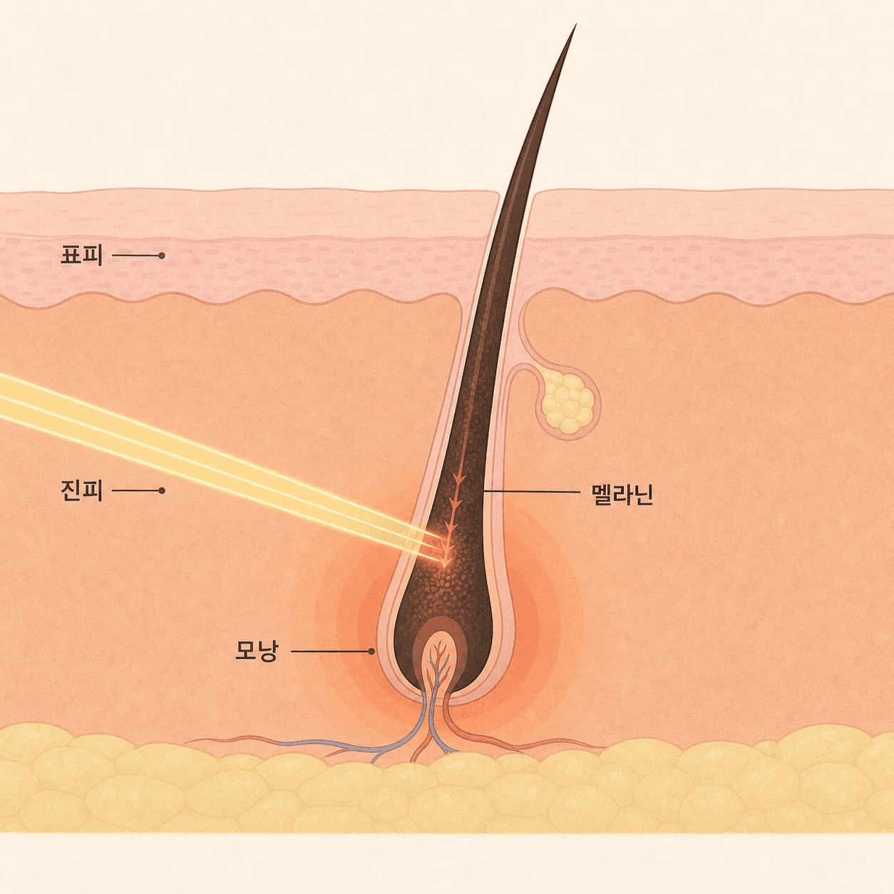 털 속 멜라닌이 레이저 빛을 흡수하는 모습