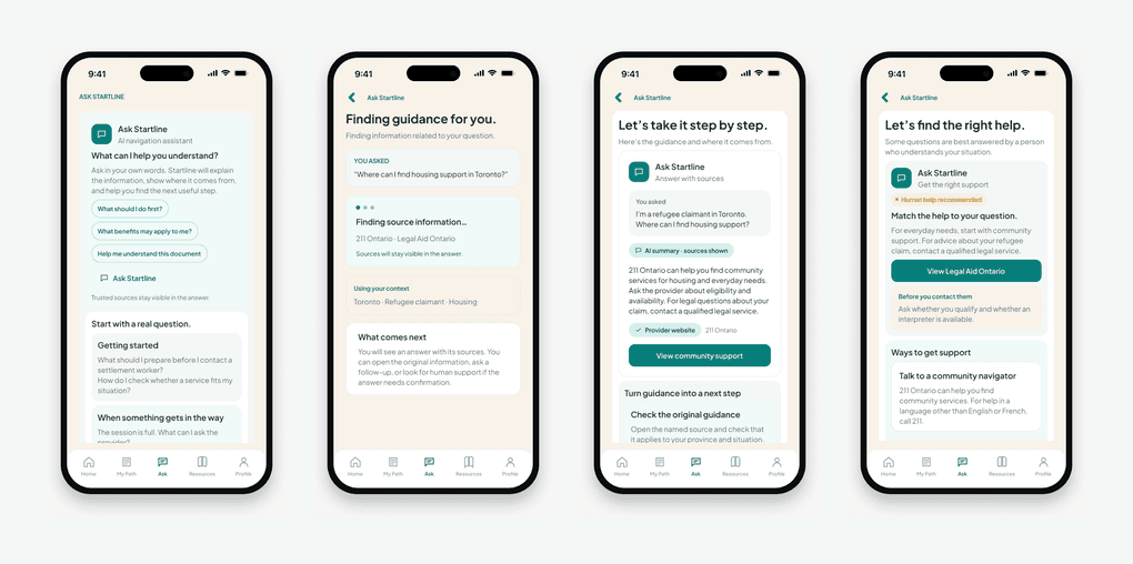 Ask Startline question, source-aware answer and escalation screens