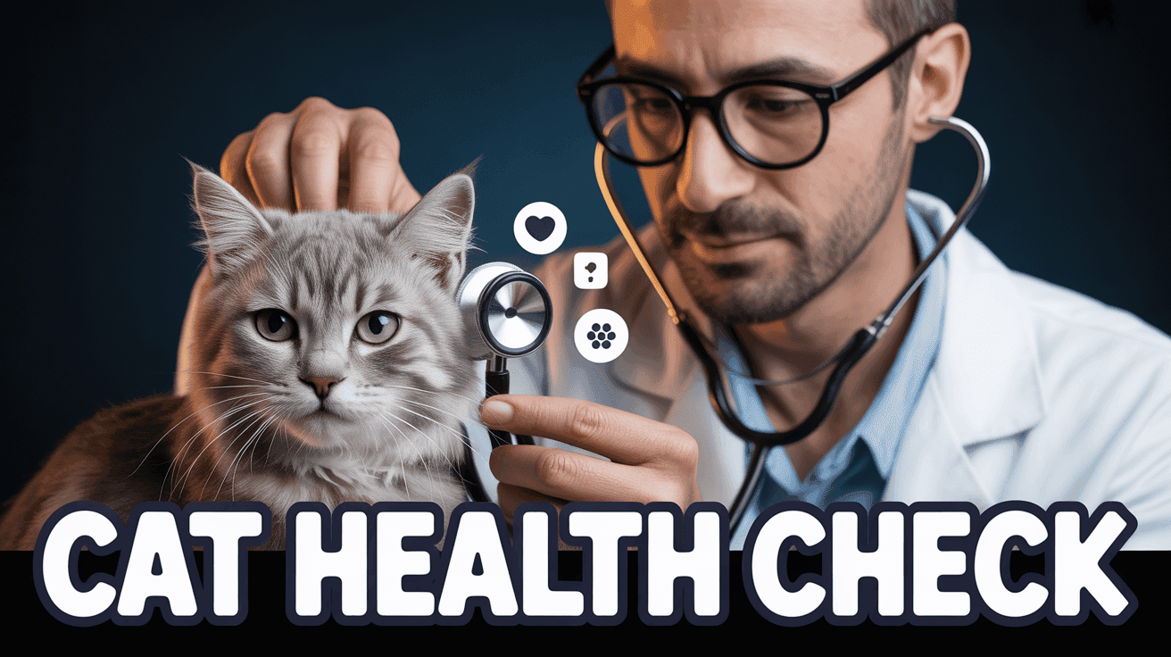Veterinarian checks cat with stethoscope under CAT HEALTH CHECK headline