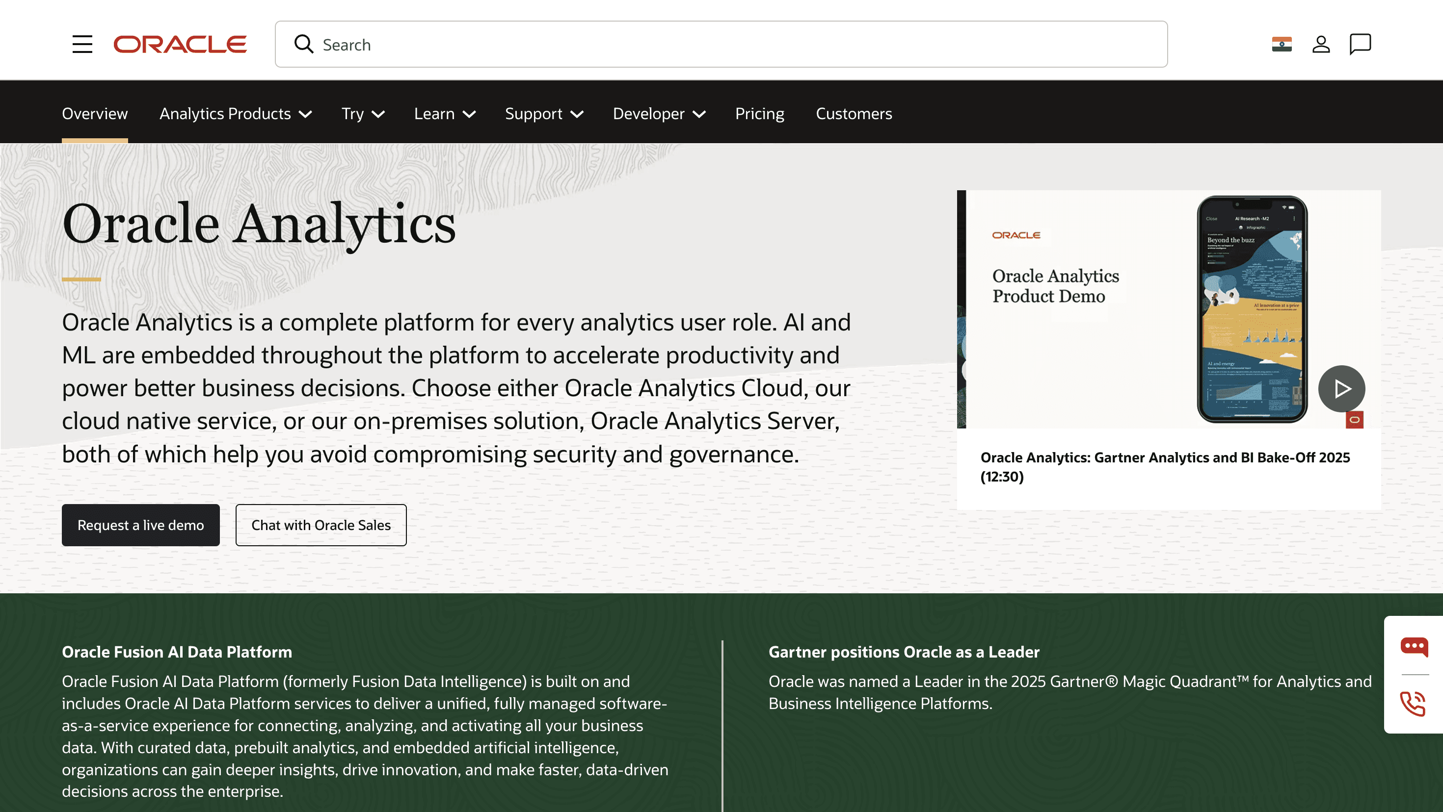 Oracle Analytics platform homepage presenting AI-powered business intelligence, dashboards, and analytics capabilities.