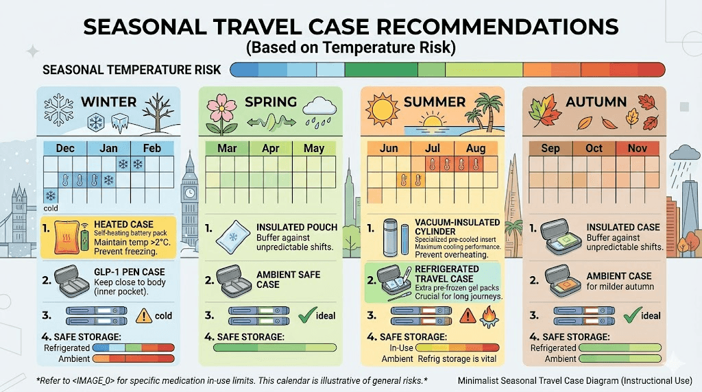 Seasonal GLP-1 travel case guide with temperature risks by month