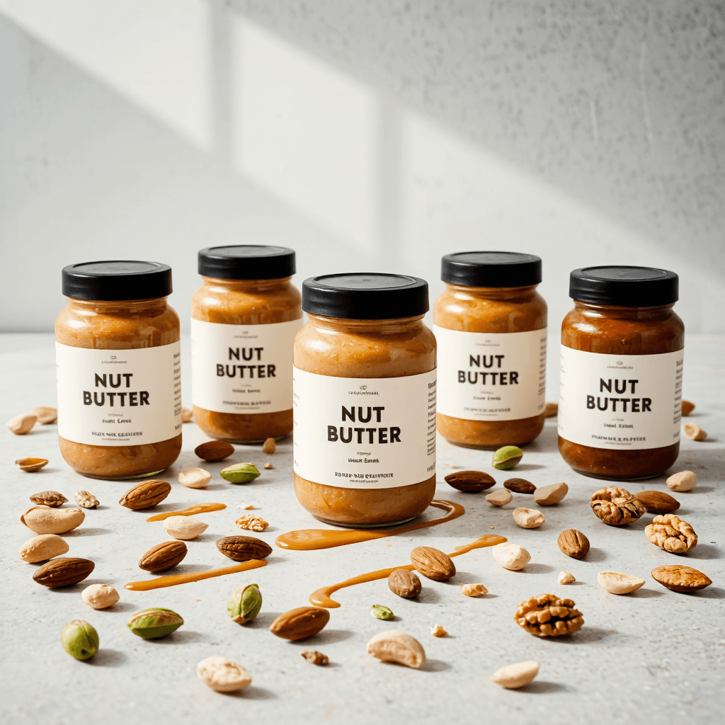 product photography of set of nut butters in jars
