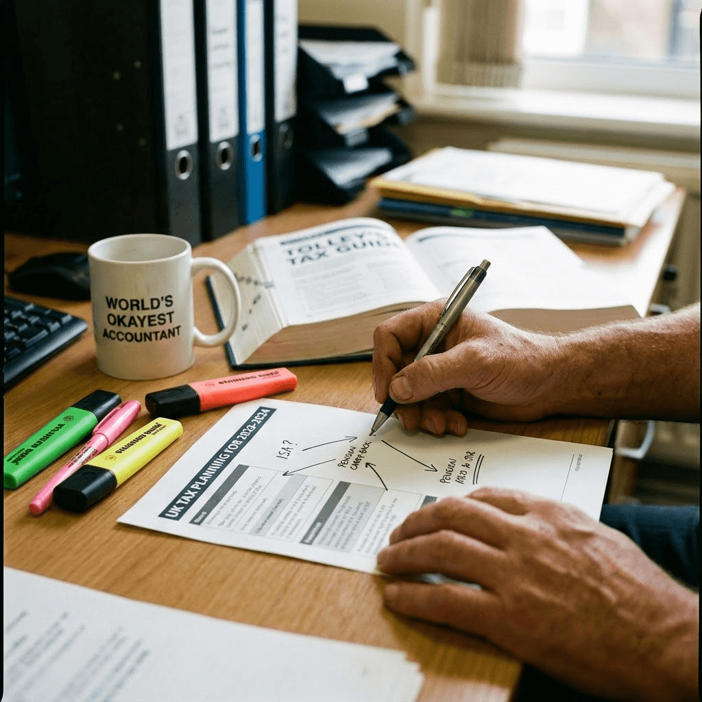 A professional woman with short dark hair wearing a beige blouse stands in a busy office.