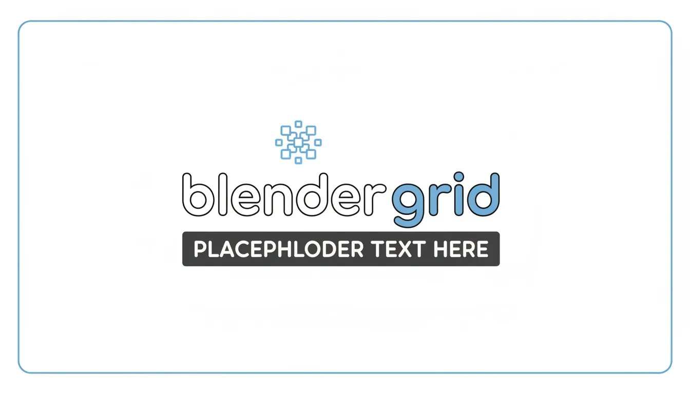 A clean, minimalist 2D vector logo for a Blender cloud rendering service, centered on a white card with rounded corners and a thin blue border. The logo features a stylized wordmark: the word "blender" is in a friendly, rounded, lowercase font with a thin black outline, and the word "grid" is in the same font but filled with solid, muted light blue. Above the blue text is a small icon of light blue outlined squares arranged in a loose grid. Below the wordmark, a solid dark grey banner contains bold, white, uppercase placeholder text.
