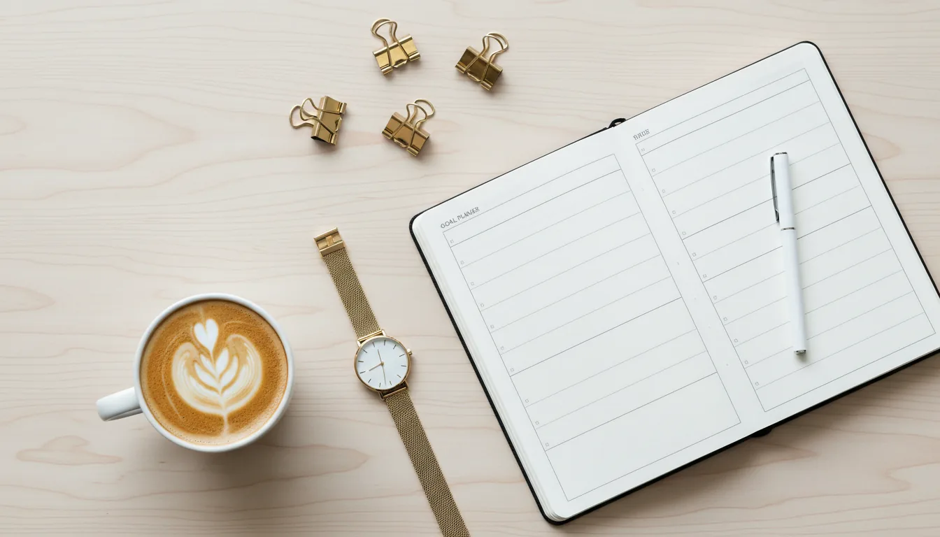 Top-down flat lay photograph of a remote work setup on a light-colored wood grain desk, DSLR. An open goal planner notebook with abstract text lines and a white pen lies on the right. Next to it, a white ceramic mug of frothy latte and a minimalist gold watch with a mesh band. Three small brass binder clips are arranged nearby. Sharp focus, bright and airy aesthetic, soft natural daylight.
