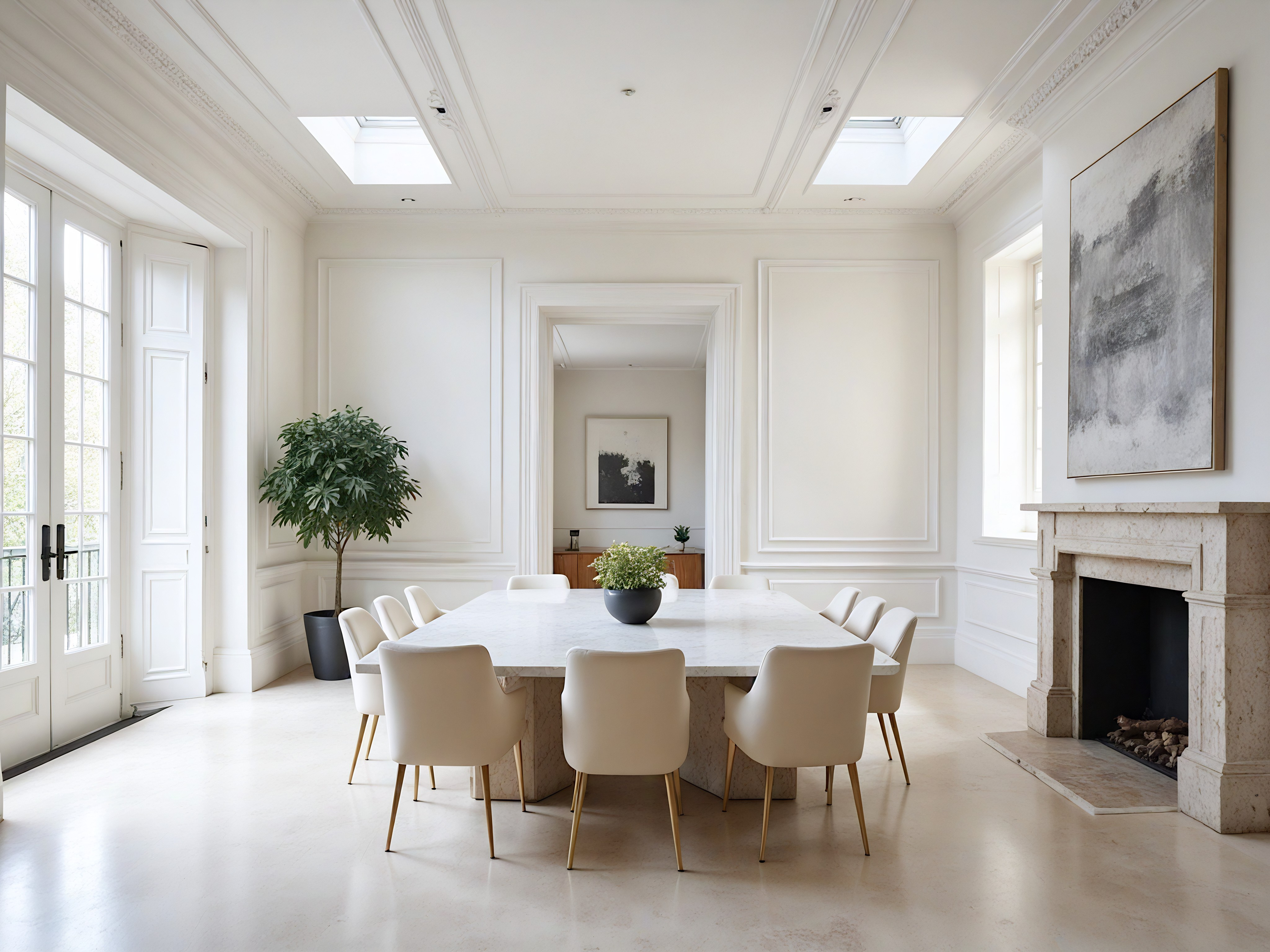 A spacious dining room with off-white marble-patterned flooring, off-white walls with light grey raised panels, and a high ceiling with two skylights and a decorative frieze. The centerpiece is a white square marble table with ten dining chairs, some of which are beige. In the center of the table is a decorative dark green-colored vase with a planted small bush. In the far corner to the left is a tall dark green potted plant. Above the limestone fireplace in the far right corner is a textured grey square artwork.