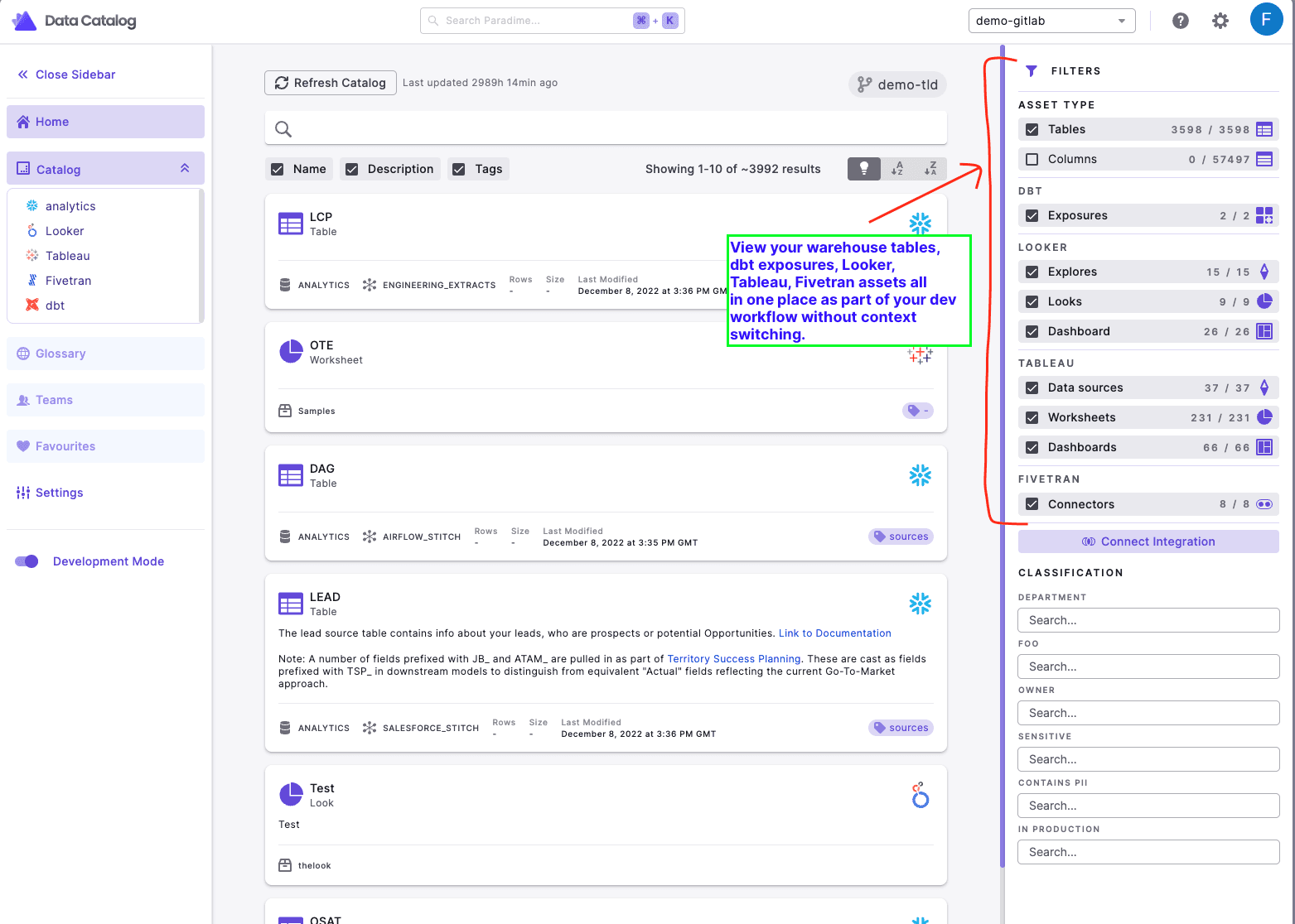 Paradime docs - filtering and viewing various different data assets