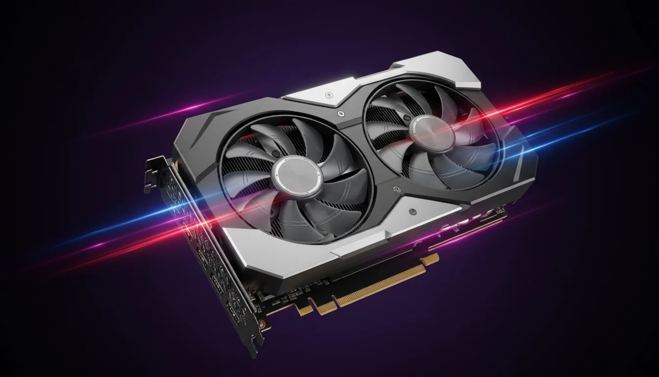 3D render of a modern dual-fan gaming GPU, product photography style, featuring an angular, futuristic shroud made of matte black plastic and brushed silver metal. The graphics card is lit with soft studio lighting, creating cinematic contrast against a dark, moody purple-to-black gradient background. Vibrant, abstract light trails of magenta, blue, and red streak diagonally across the scene, highlighting the card's sharp edges and creating a dynamic sense of energy.