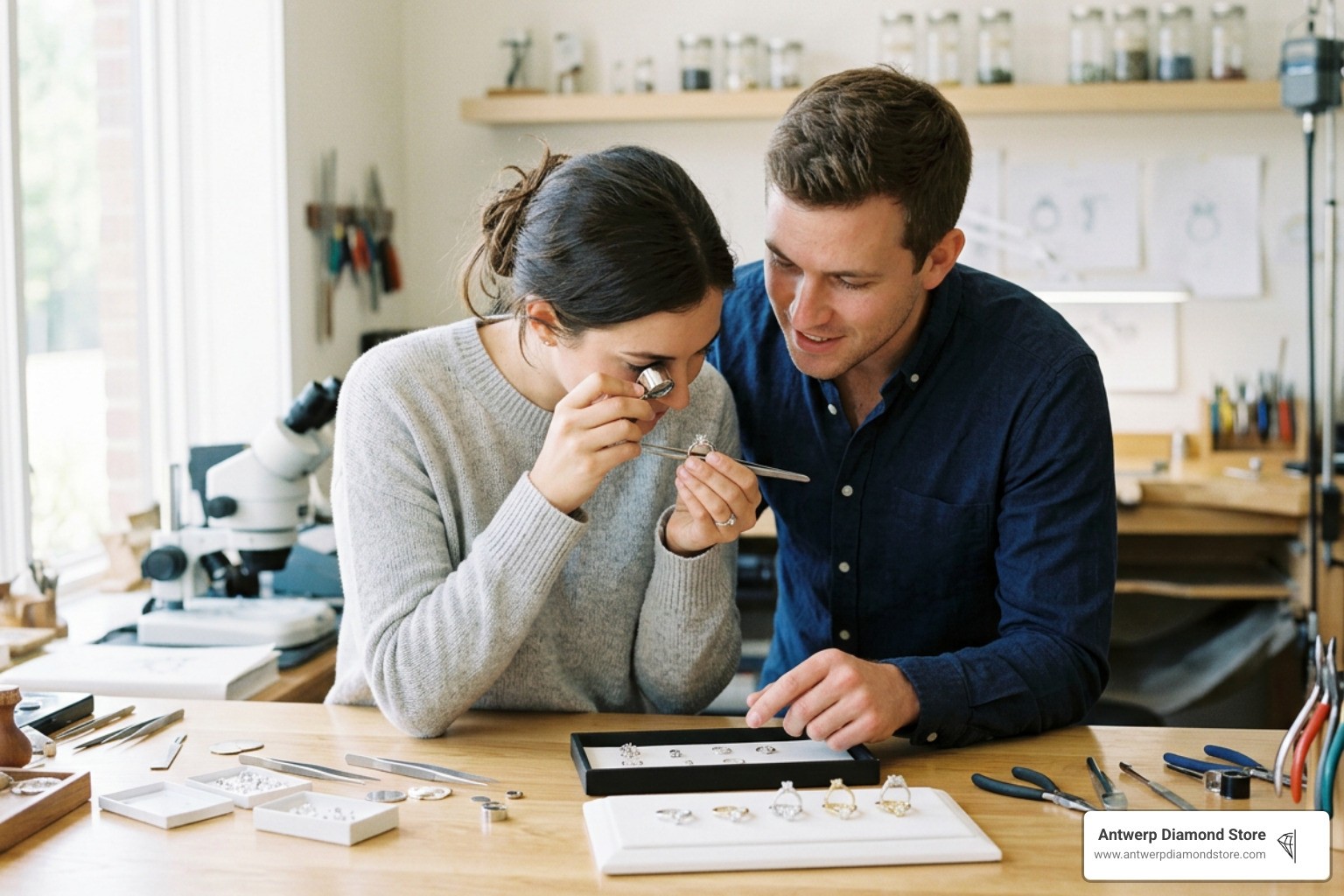 Couple inspecting custom engagement ring settings
