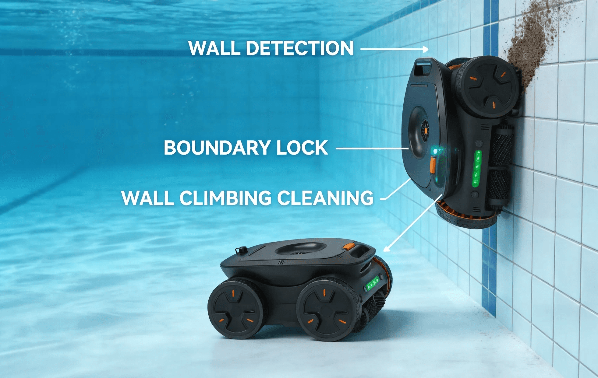Robotic pool cleaner using wall detection sensors to clean and navigate pool walls