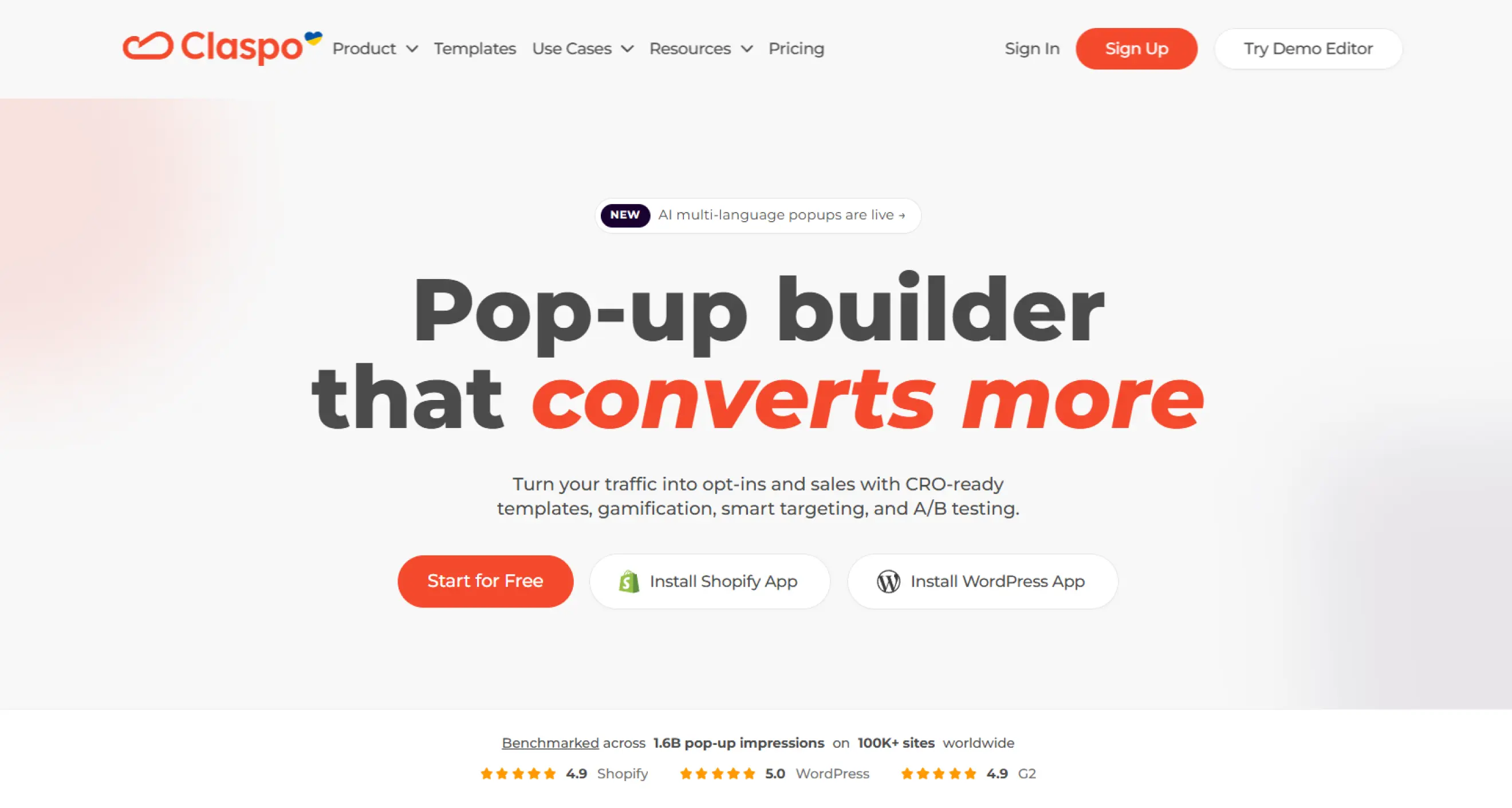 Claspo website hero section featuring the headline “Pop-up builder that converts more”