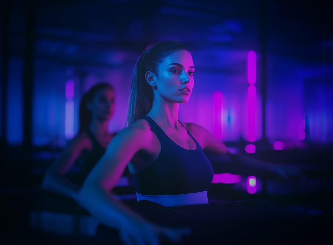 Neon lit women in a pilates training session