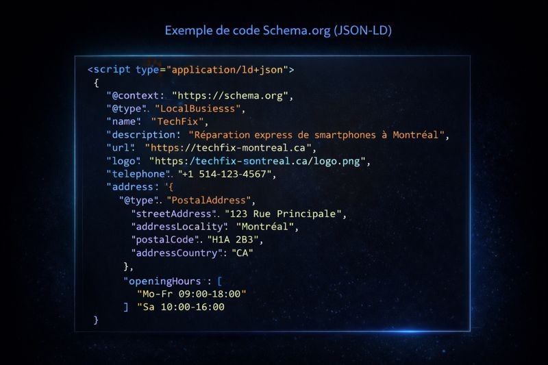 Exemple de code Schema.org en JSON-LD montrant la structuration des données d’une entreprise locale (nom, adresse, logo, horaires) afin d’optimiser la visibilité SEO et la compréhension par les moteurs d’IA.