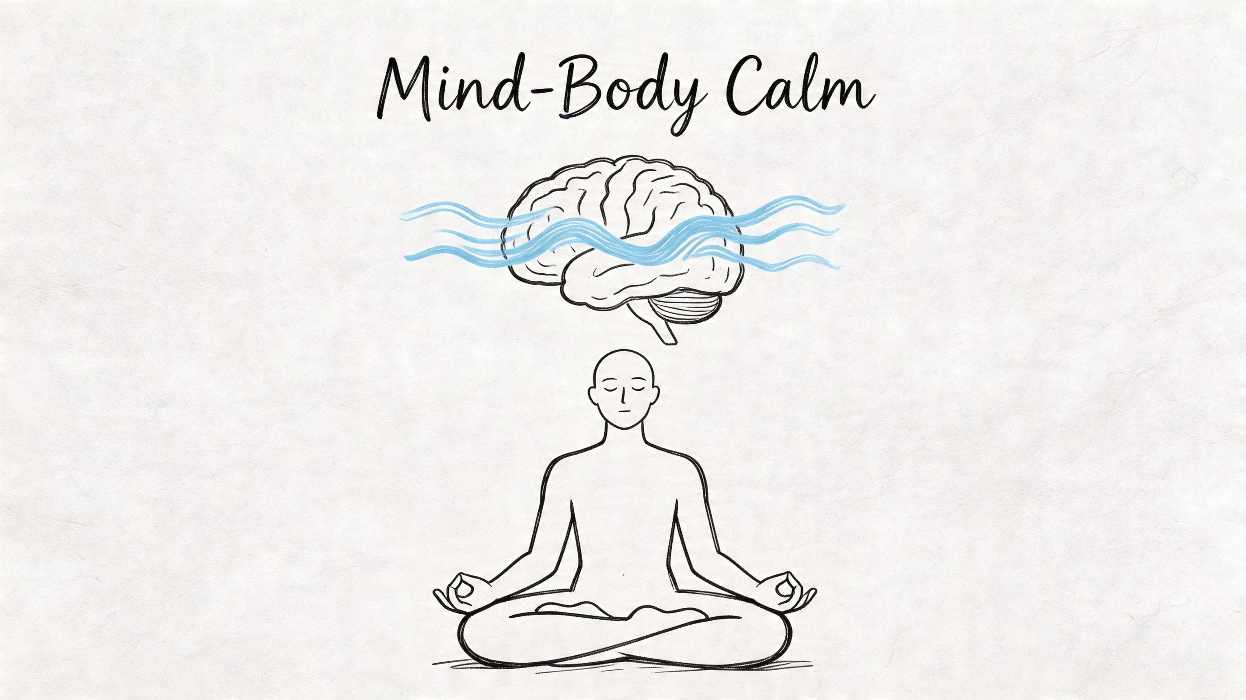 A line drawing of a person meditating with a calm brain icon floating above their head.